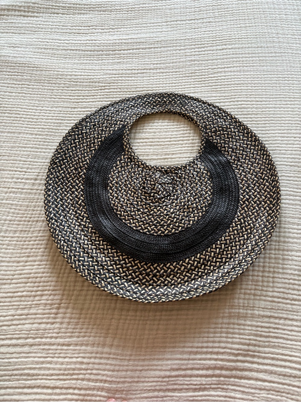 Black Woven Handle Tote with Tan Accent Trim